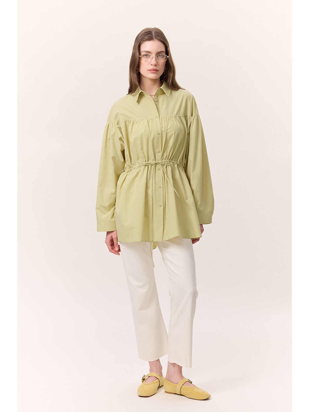 Büzgü Bağlama Detaylı Tunik Sarı-2