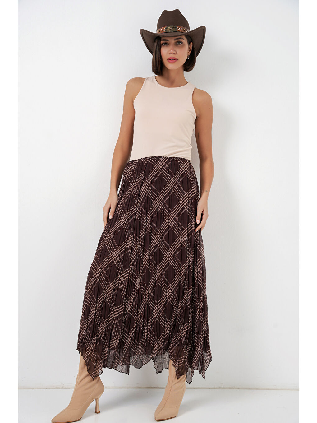 Kadın Asimetrik Kesim Şifon Etek 8056 - Kahverengi-2