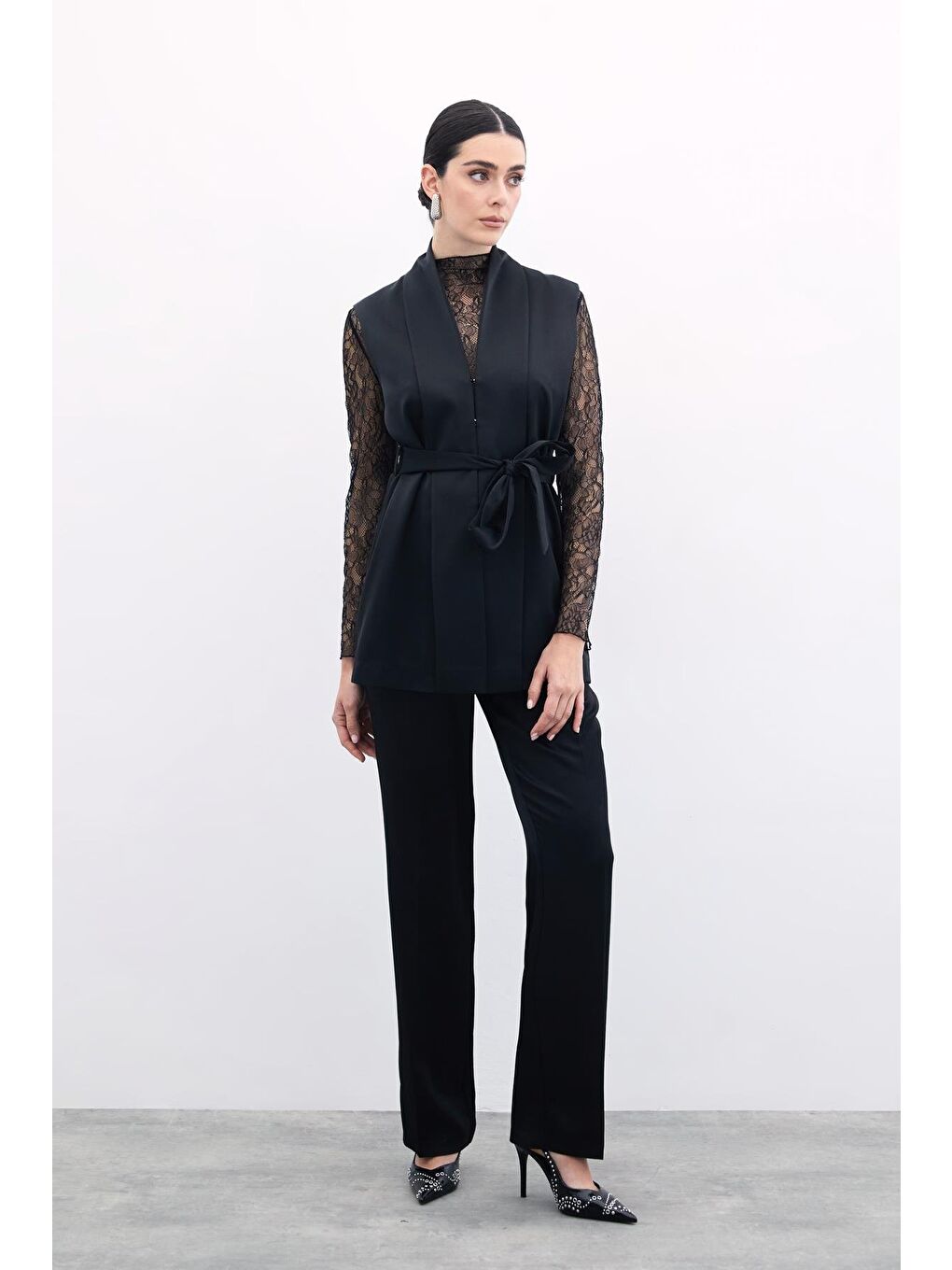 Kuşaklı Saten Yelek - Siyah-2
