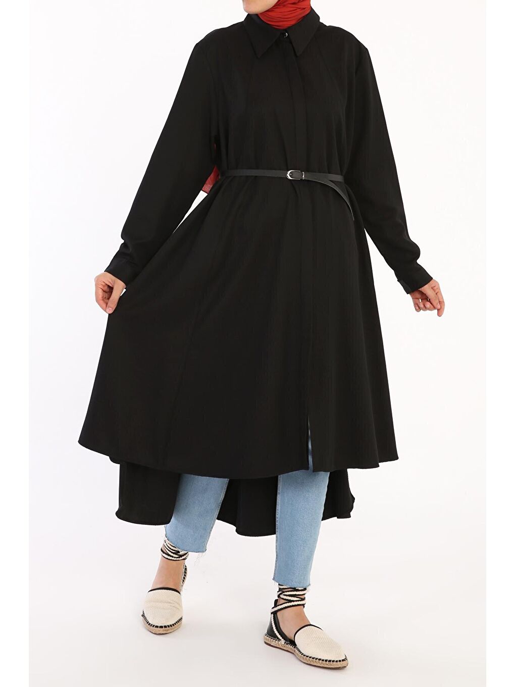 Siyah Kemerli Düğmeli Salaş Gömlek Tunik-4