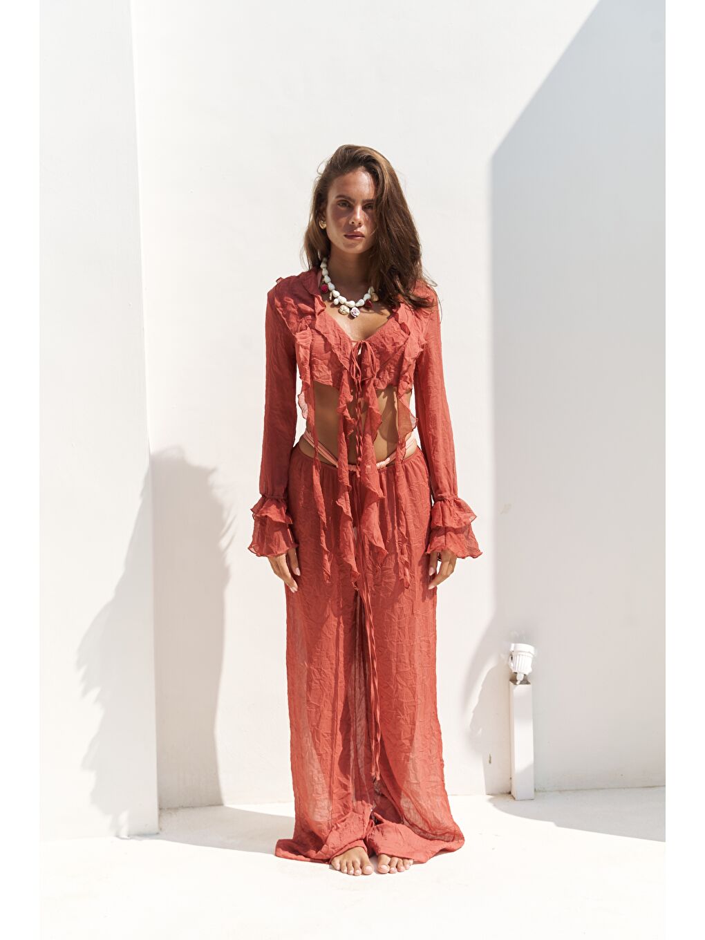 Kahverengi Olivia Kiremit Gömlek Pantolon Takım