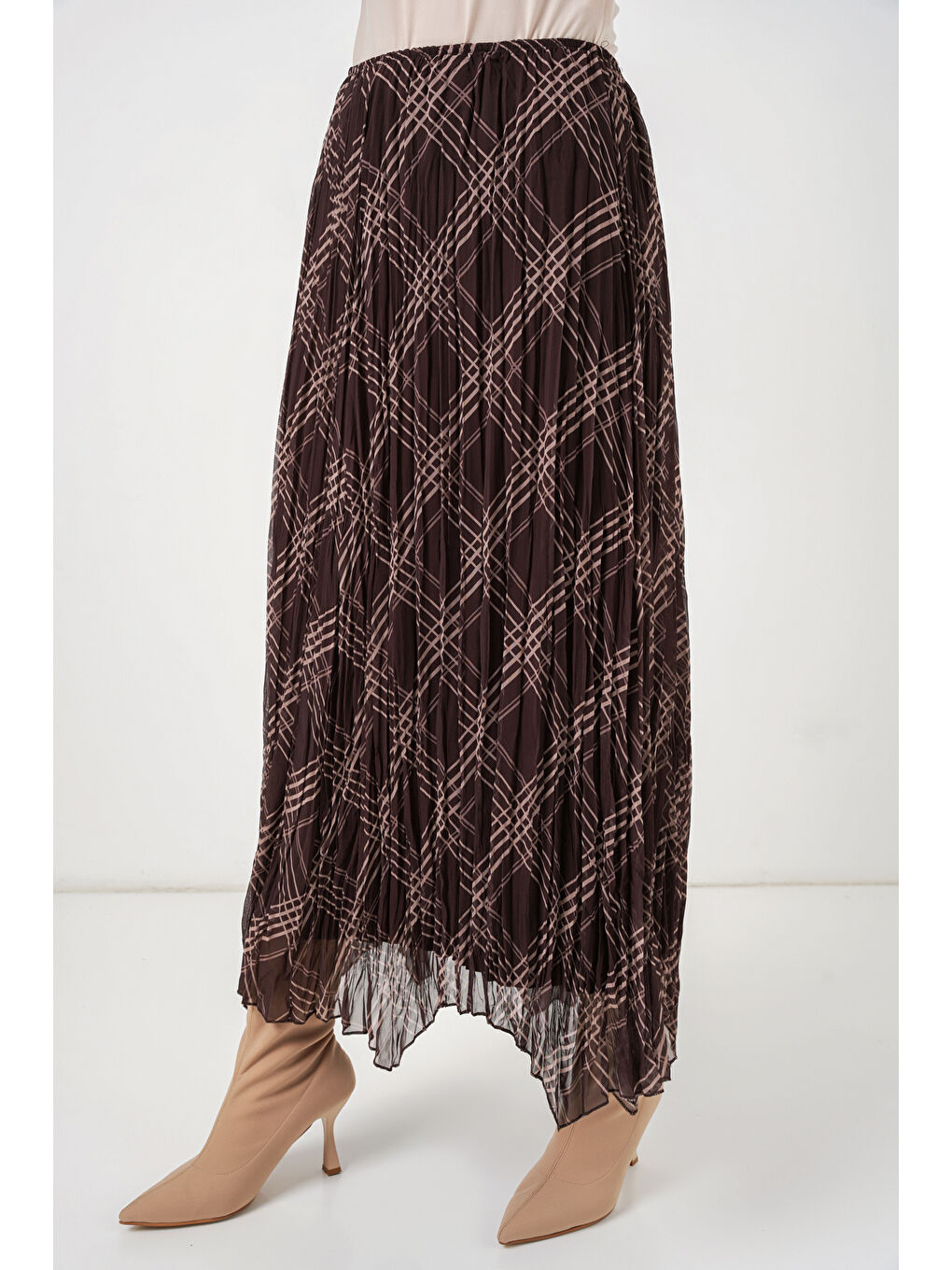 Kadın Asimetrik Kesim Şifon Etek 8056 - Kahverengi-3