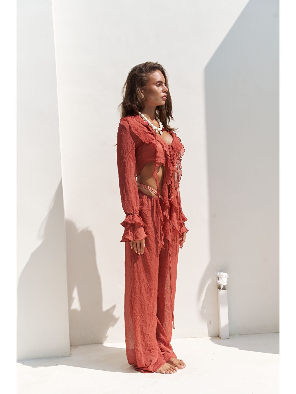 Kahverengi Olivia Kiremit Gömlek Pantolon Takım-1