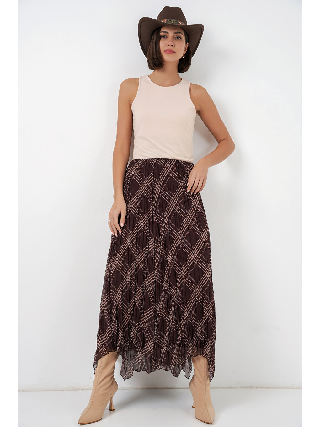 Kadın Asimetrik Kesim Şifon Etek 8056 - Kahverengi-4