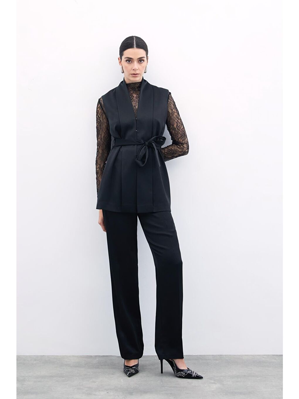 Kuşaklı Saten Yelek - Siyah-5