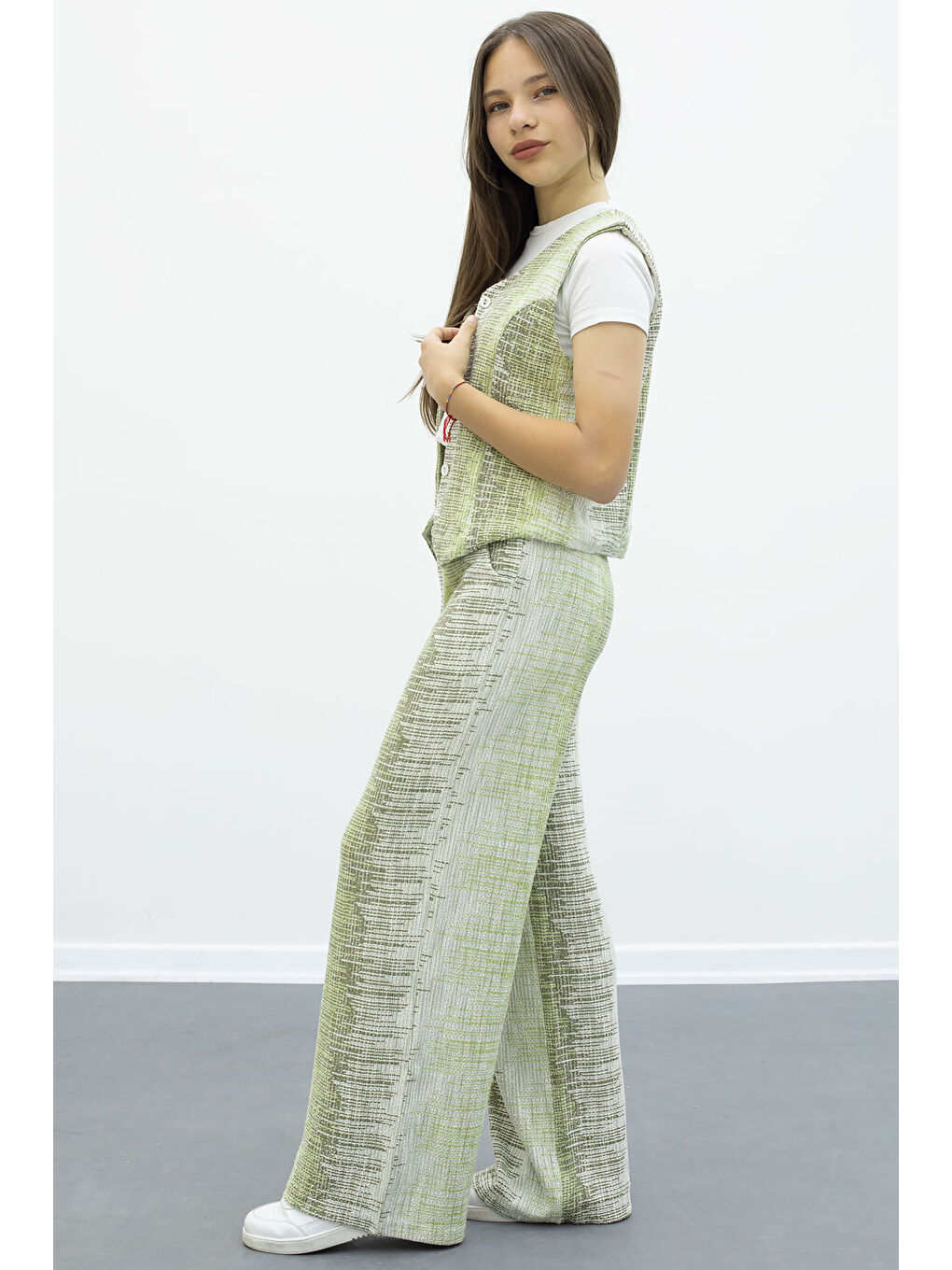 Haki Düğmeli Yelekli Geniş Paça Kuşaklı Pantolonlu Kız Çocuk 2li Takım 21009-4