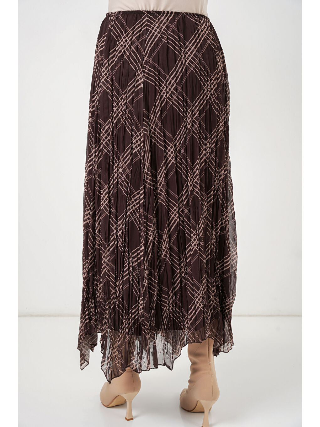 Kadın Asimetrik Kesim Şifon Etek 8056 - Kahverengi-6