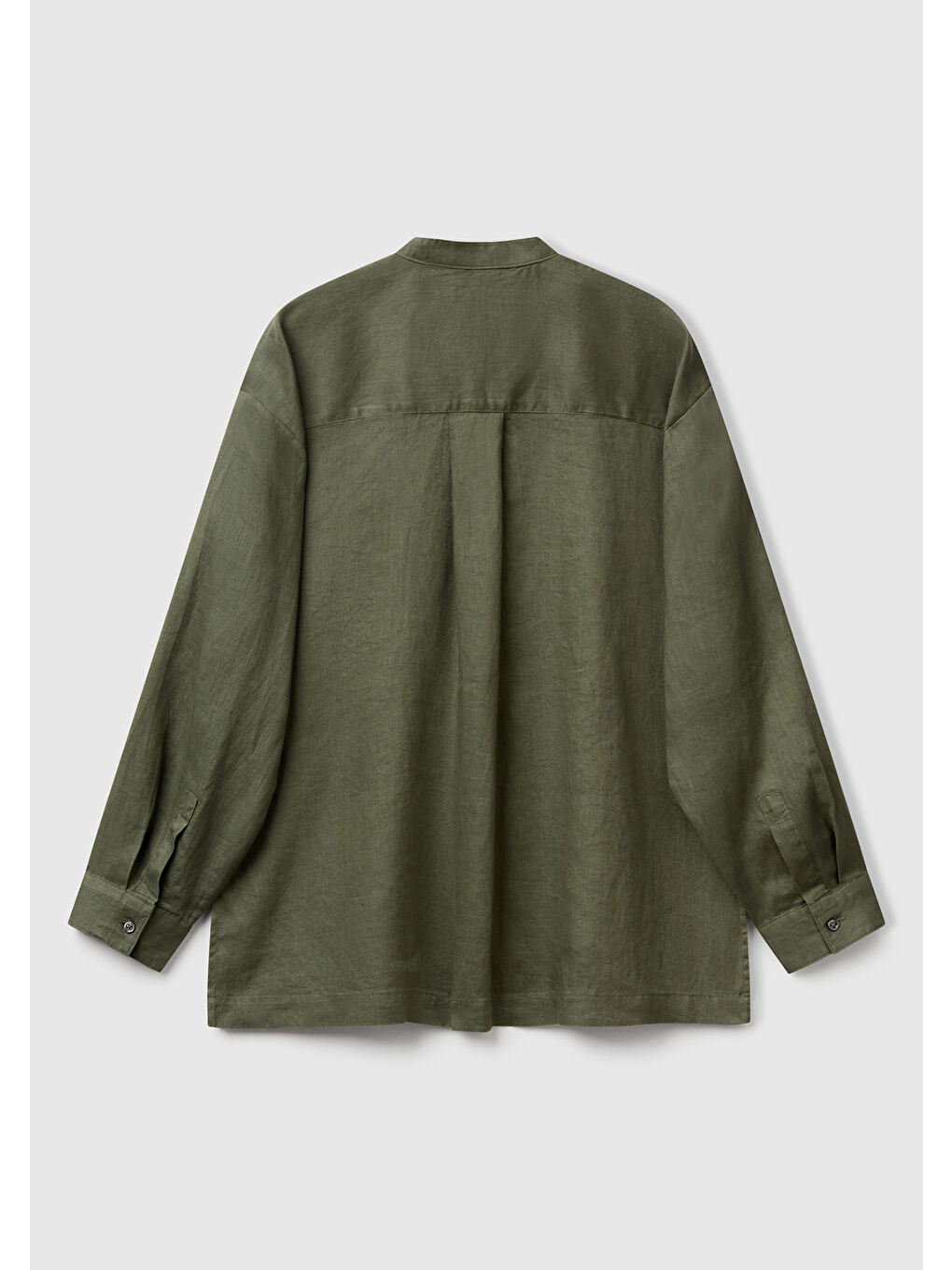Kadın Haki %100 Keten Sol Önü Cepli Oversize Mandarin Yaka Gömlek-3