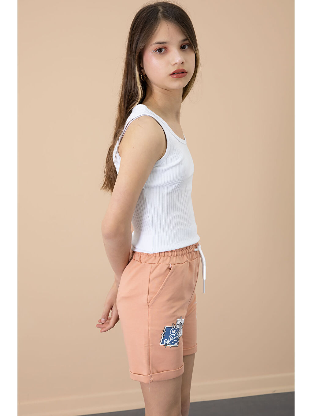 Pembe Somon Patili Cute Baskılı Kız Çocuk Beli Lastikli Şort 20731