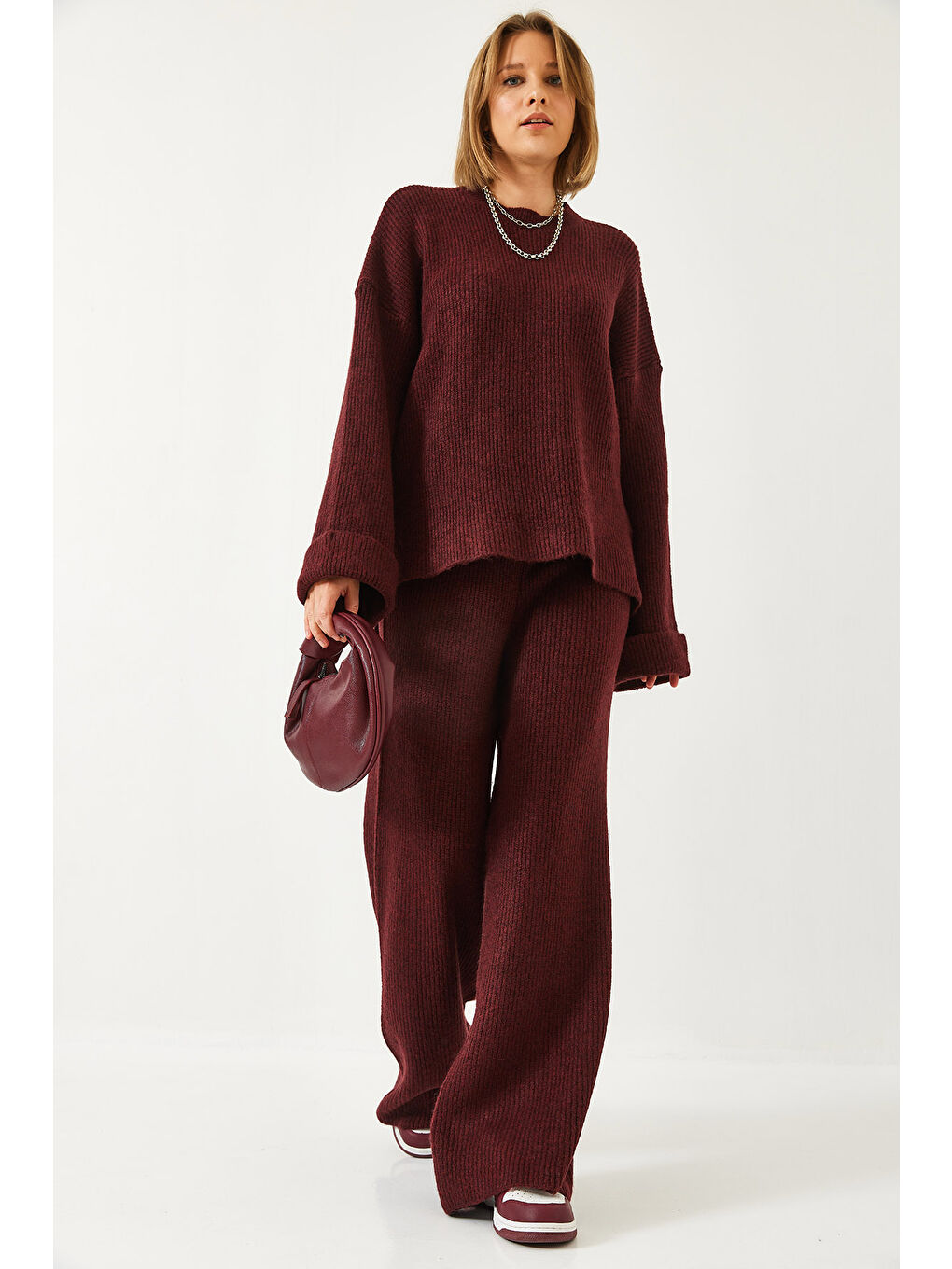 Bordo Kadın Şardonlu Kol Detaylı Triko Alt Üst Takım-1