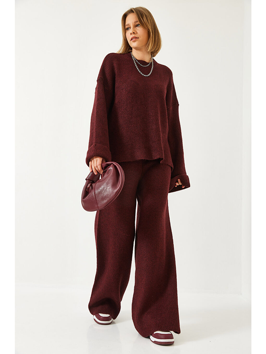 Bordo Kadın Şardonlu Kol Detaylı Triko Alt Üst Takım-2