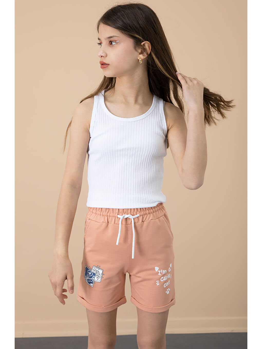 Pembe Somon Patili Cute Baskılı Kız Çocuk Beli Lastikli Şort 20731-1