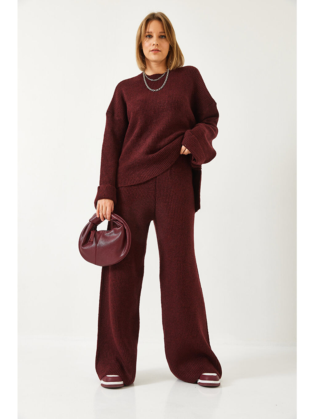 Bordo Kadın Şardonlu Kol Detaylı Triko Alt Üst Takım-3