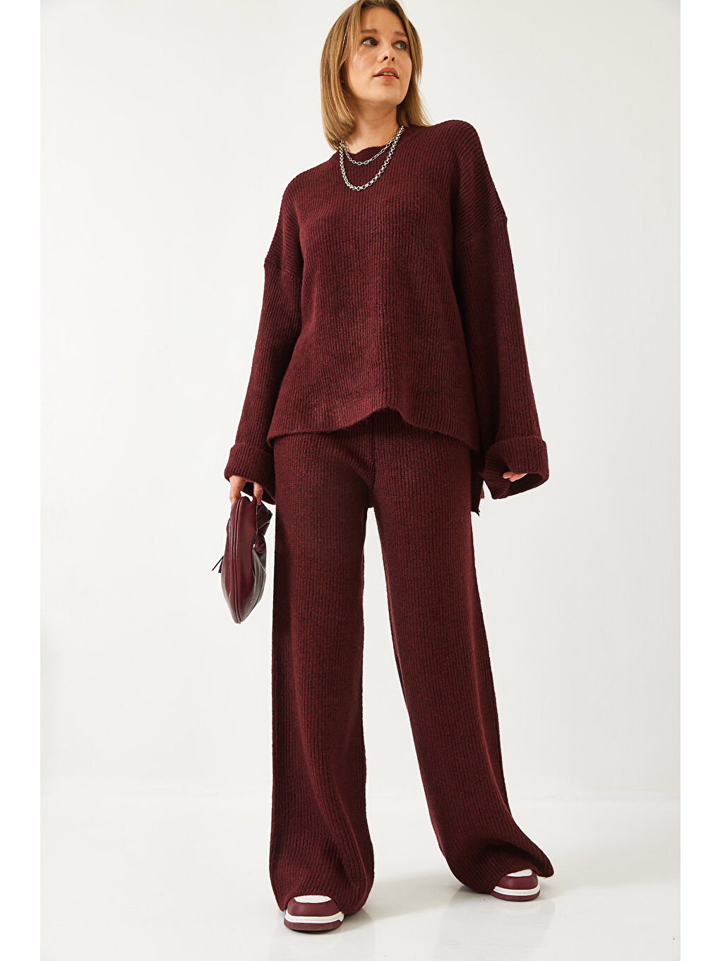 Bordo Kadın Şardonlu Kol Detaylı Triko Alt Üst Takım-4