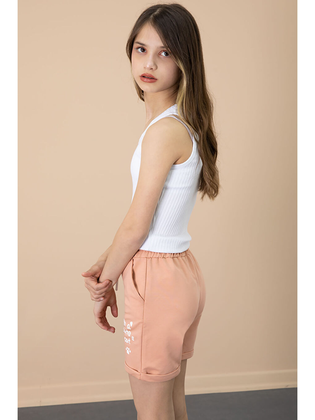 Pembe Somon Patili Cute Baskılı Kız Çocuk Beli Lastikli Şort 20731-2