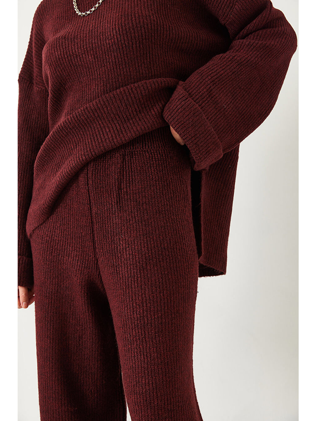 Bordo Kadın Şardonlu Kol Detaylı Triko Alt Üst Takım-5