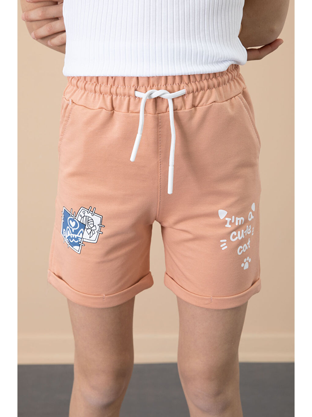 Pembe Somon Patili Cute Baskılı Kız Çocuk Beli Lastikli Şort 20731-3