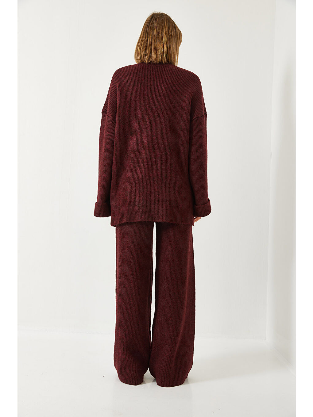 Bordo Kadın Şardonlu Kol Detaylı Triko Alt Üst Takım-6