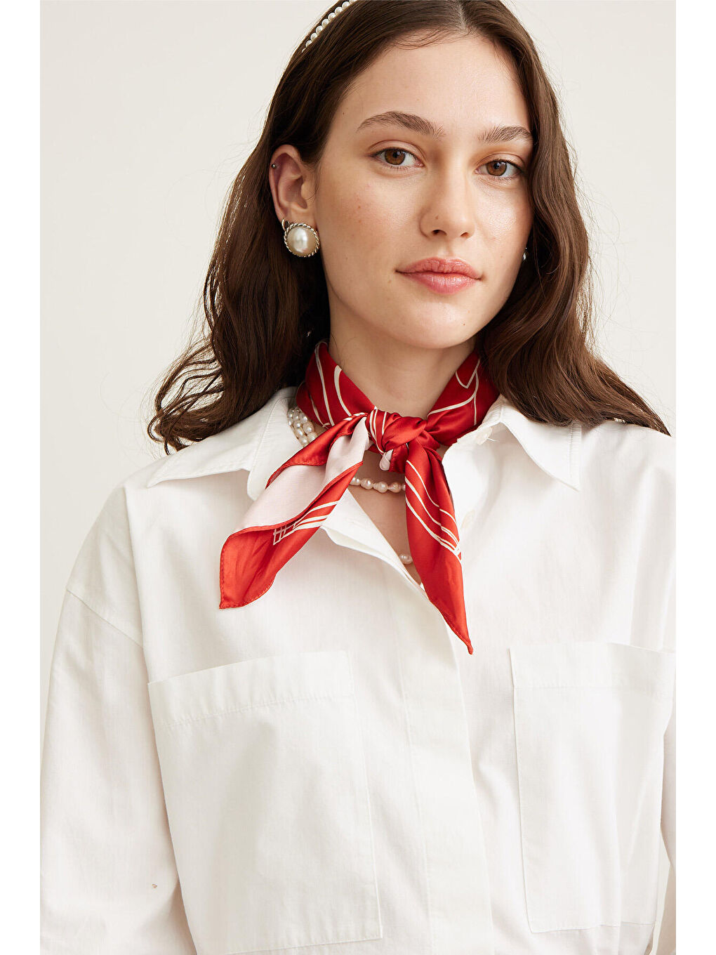 Lila Desenli Saten Boyun Fuları Rose Kırmızı