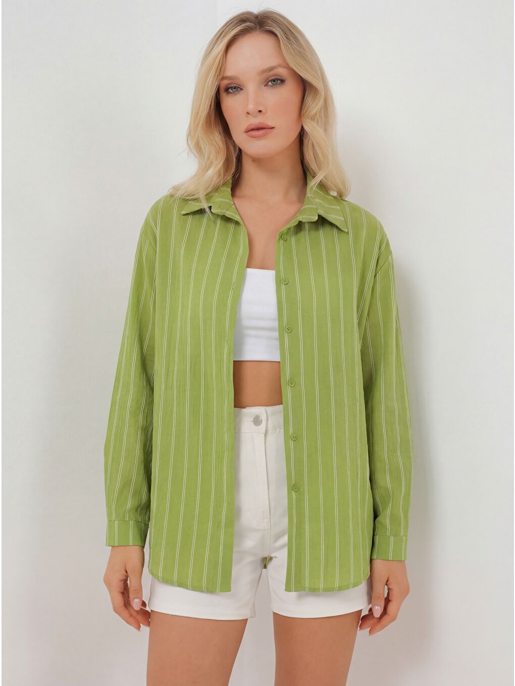 Kadın Çizgili Oversize Gömlek 20293 - E.Yeşil-1