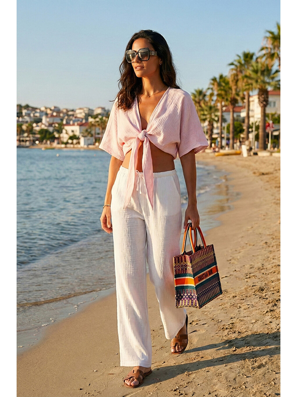 Beyaz Pamuklu Relaxed Fit Geniş Paça Müslim Kadın Pantolon 668YP5502-1