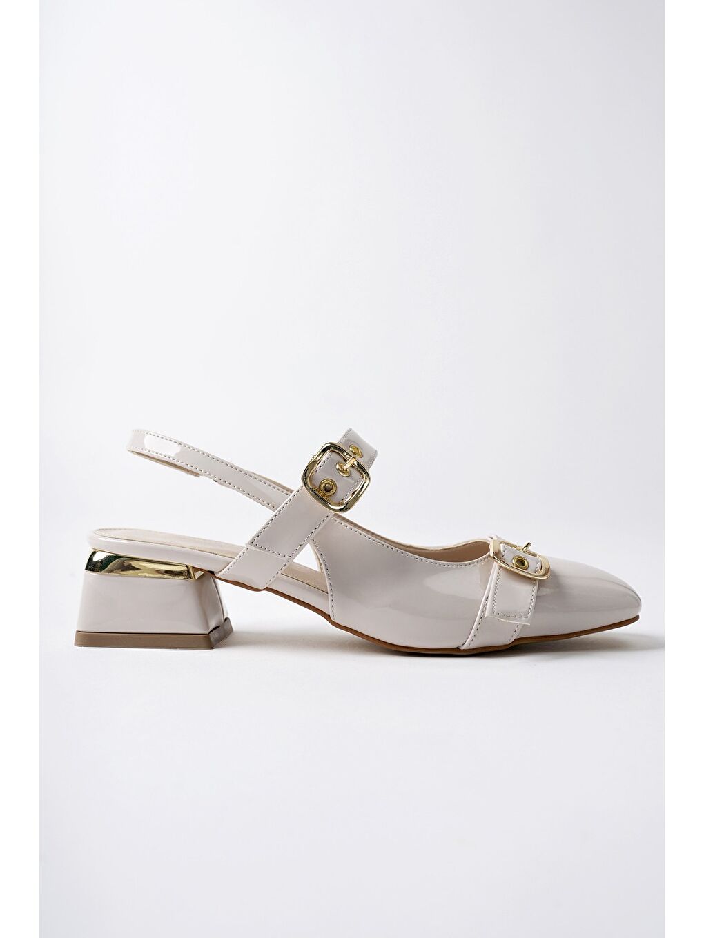 Bej YUQİ Arkası Açık Küt Burun Çift Kemerli Kadın Günlük Klasik Kısa Topuklu Ayakkabı-5