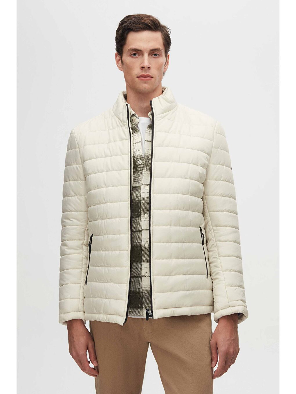 Bej Slim Fit Taş Rüzgar Geçirmez Elyaf Dolgulu Şişme Mont-1