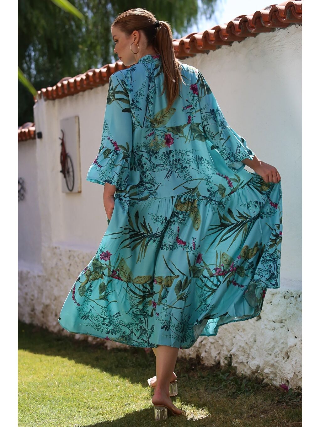 Açık Turkuaz Hakim Yaka Fırfırlı Kol Düğmeli Eteği Fırfırlı Allover Baskılı Dokuma Elbise 130 58-1