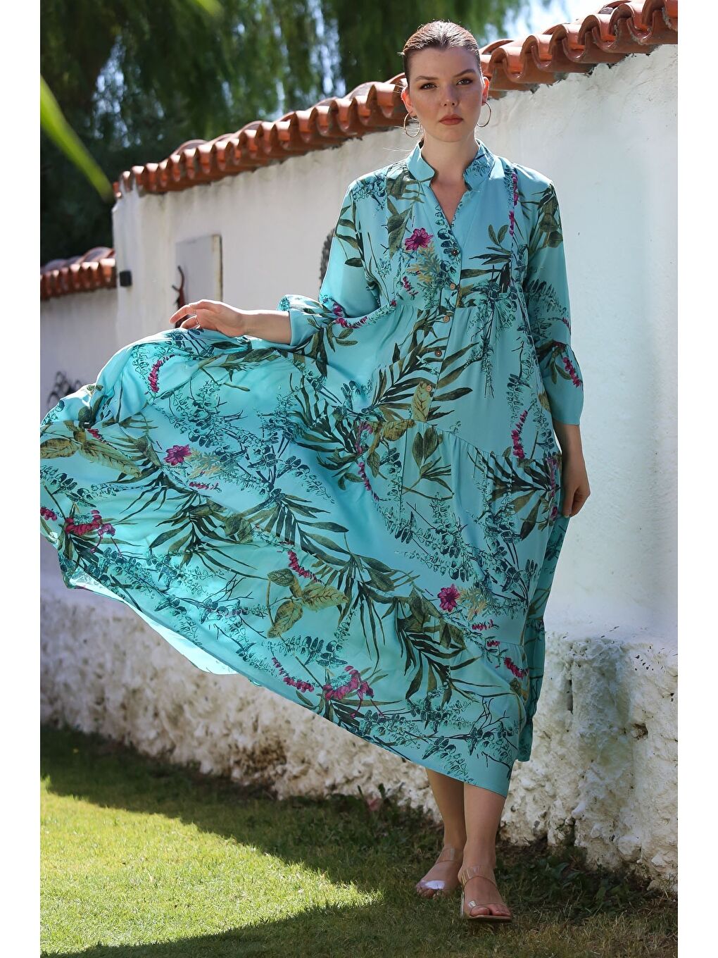 Açık Turkuaz Hakim Yaka Fırfırlı Kol Düğmeli Eteği Fırfırlı Allover Baskılı Dokuma Elbise 130 58-2