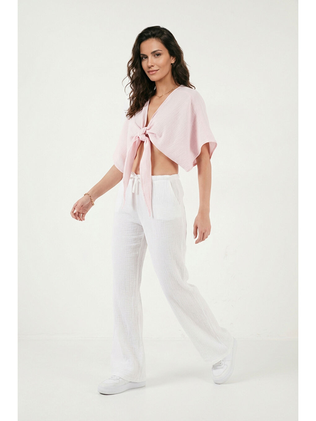 Beyaz Pamuklu Relaxed Fit Geniş Paça Müslim Kadın Pantolon 668YP5502-2
