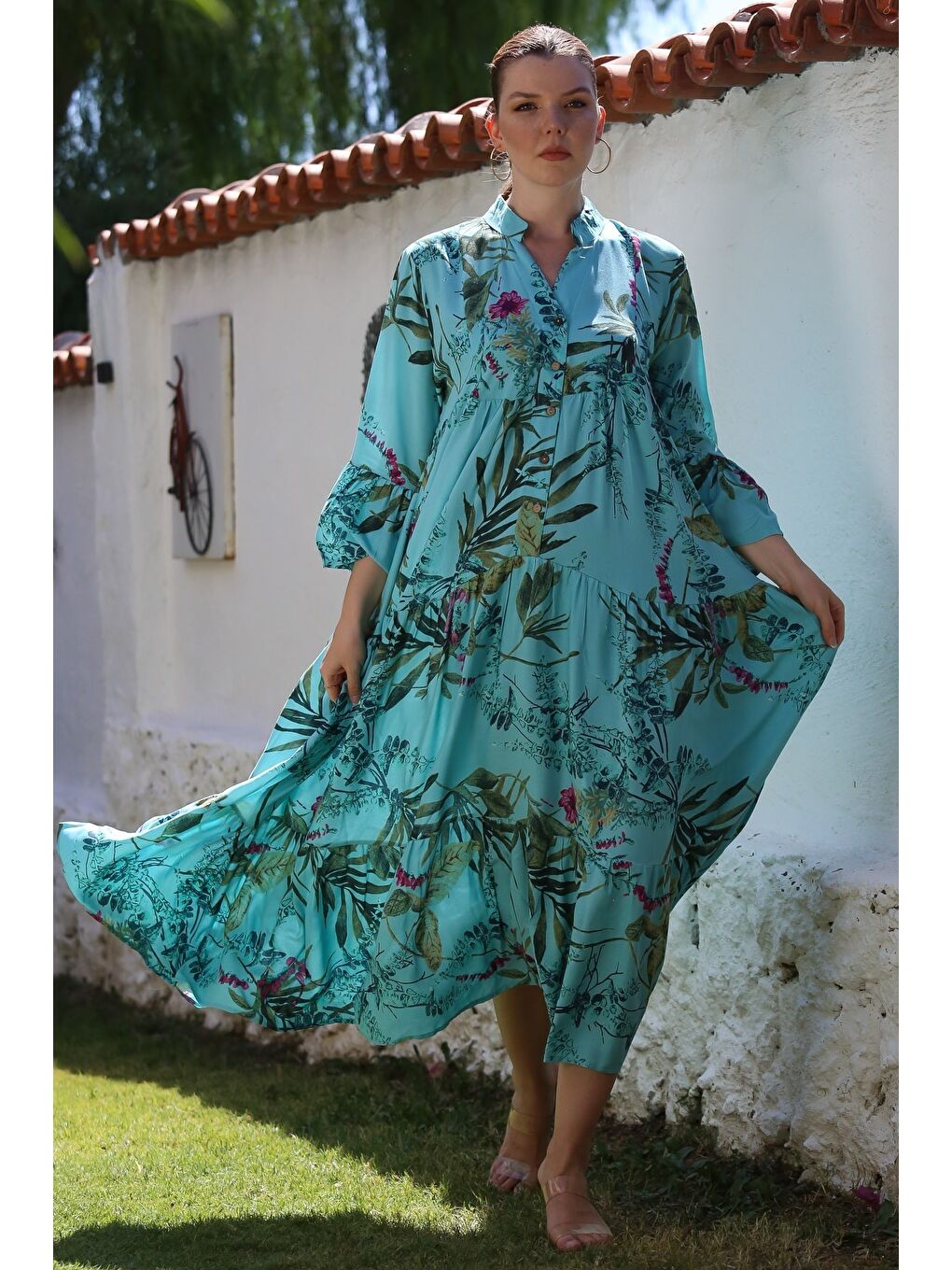 Açık Turkuaz Hakim Yaka Fırfırlı Kol Düğmeli Eteği Fırfırlı Allover Baskılı Dokuma Elbise 130 58-3