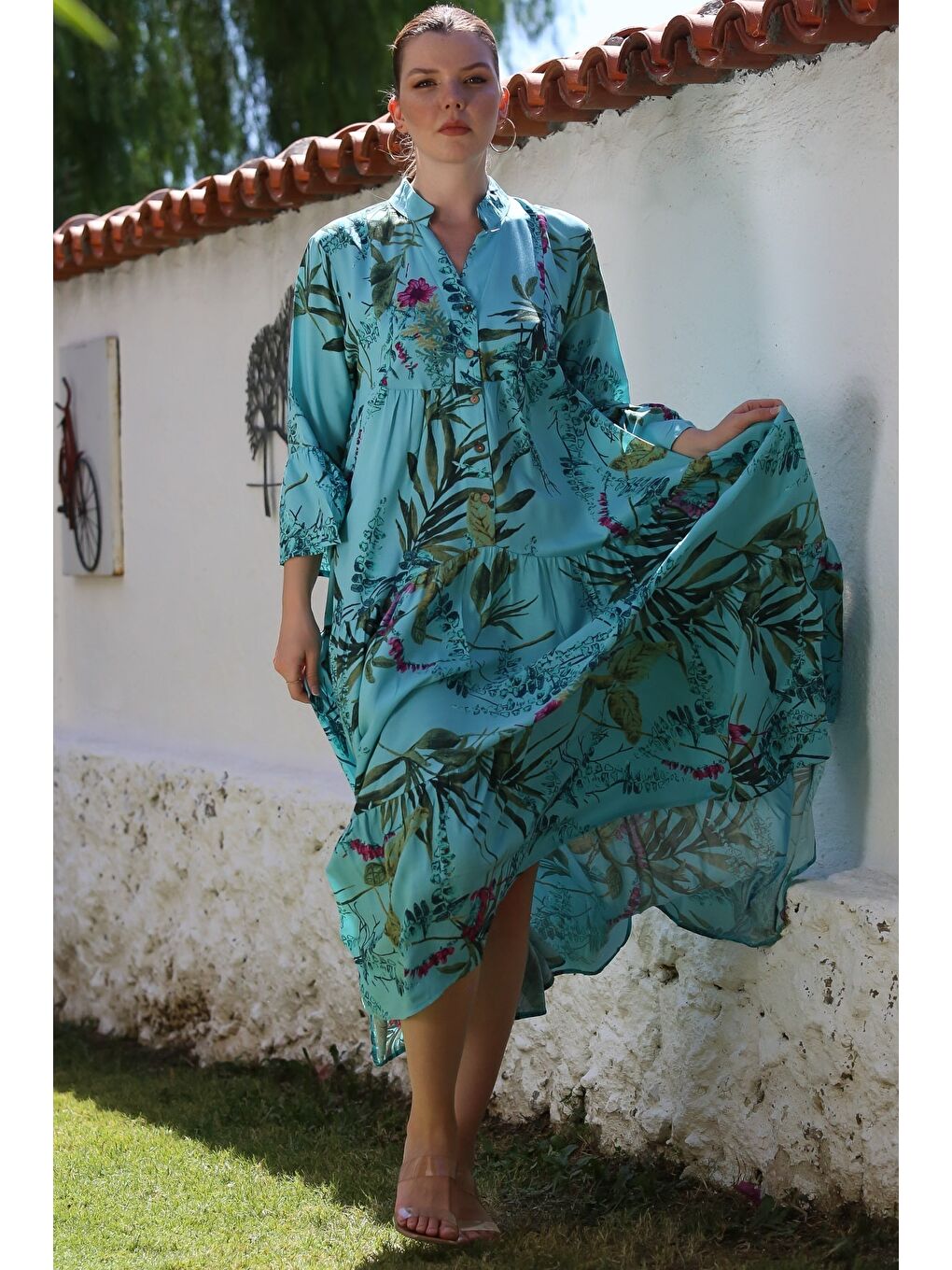 Açık Turkuaz Hakim Yaka Fırfırlı Kol Düğmeli Eteği Fırfırlı Allover Baskılı Dokuma Elbise 130 58-4