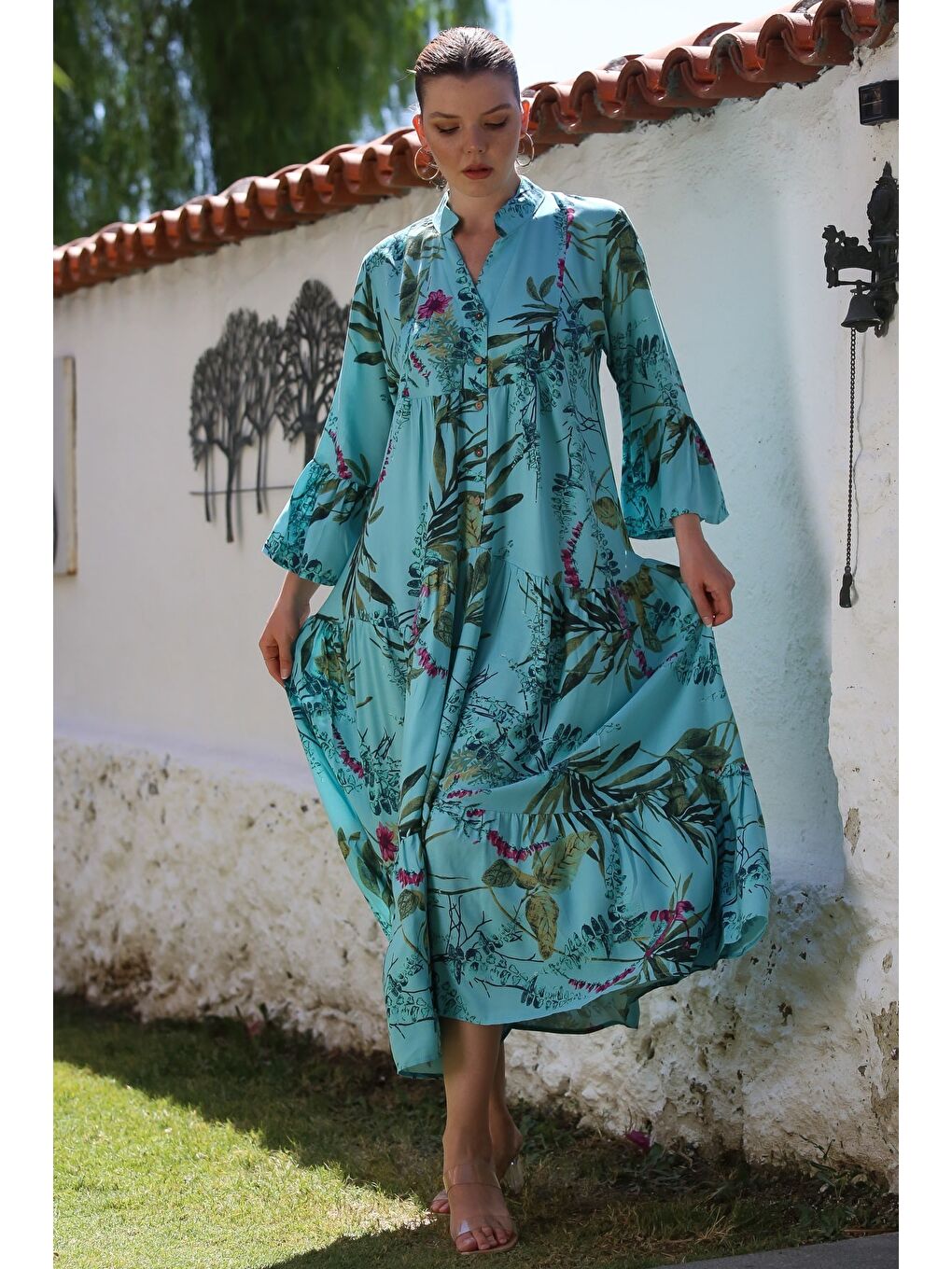 Açık Turkuaz Hakim Yaka Fırfırlı Kol Düğmeli Eteği Fırfırlı Allover Baskılı Dokuma Elbise 130 58-6