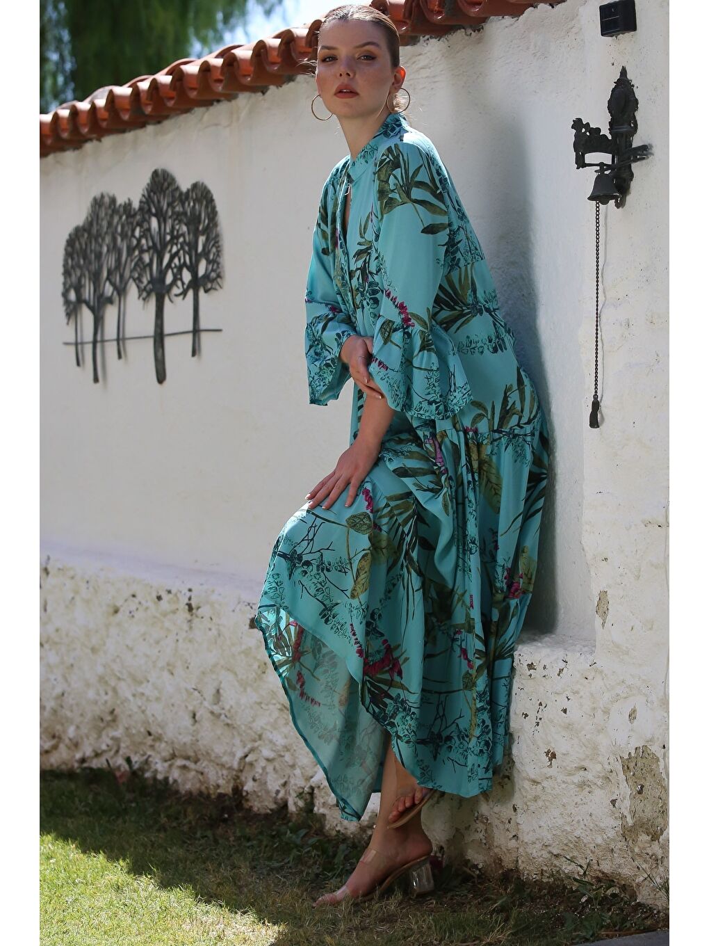 Açık Turkuaz Hakim Yaka Fırfırlı Kol Düğmeli Eteği Fırfırlı Allover Baskılı Dokuma Elbise 130 58-7