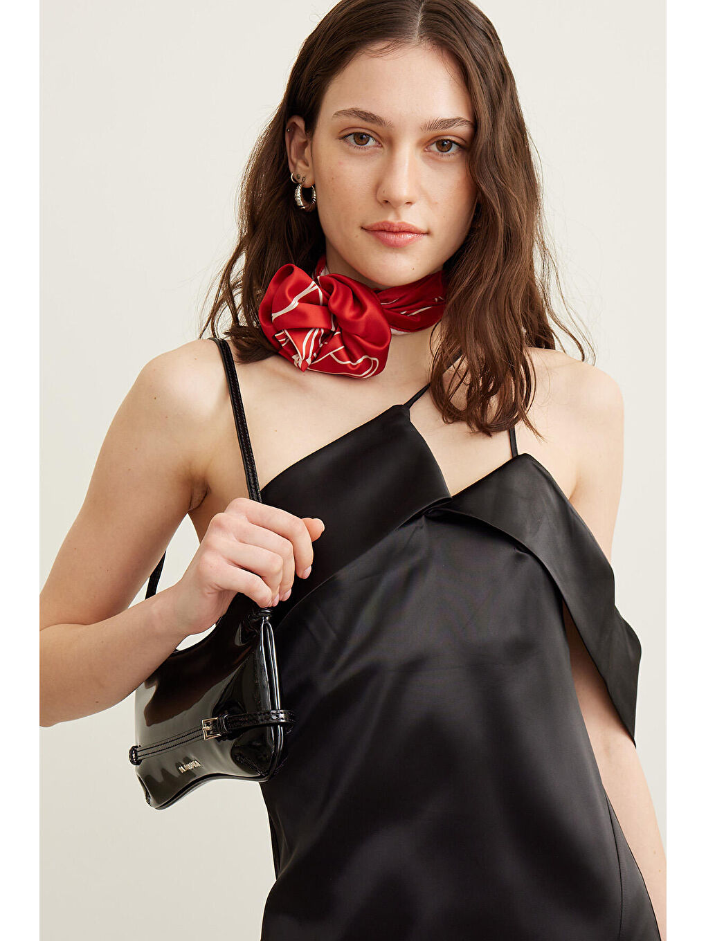 Lila Desenli Saten Boyun Fuları Rose Kırmızı-1