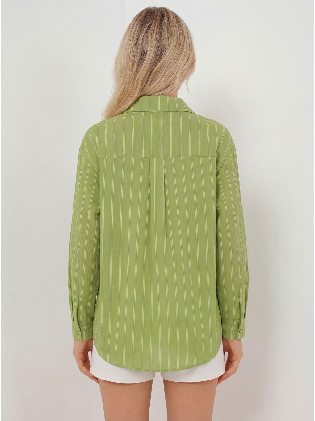 Kadın Çizgili Oversize Gömlek 20293 - E.Yeşil-2