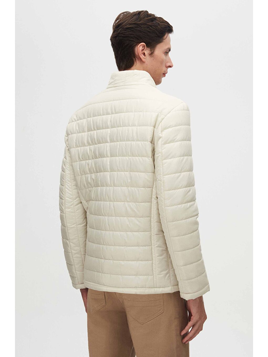 Bej Slim Fit Taş Rüzgar Geçirmez Elyaf Dolgulu Şişme Mont-5