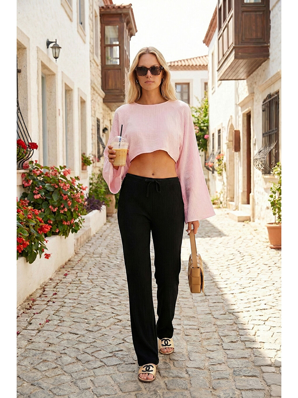 Siyah Pamuklu Relaxed Fit Geniş Paça Müslim Kadın Pantolon 668YP5502