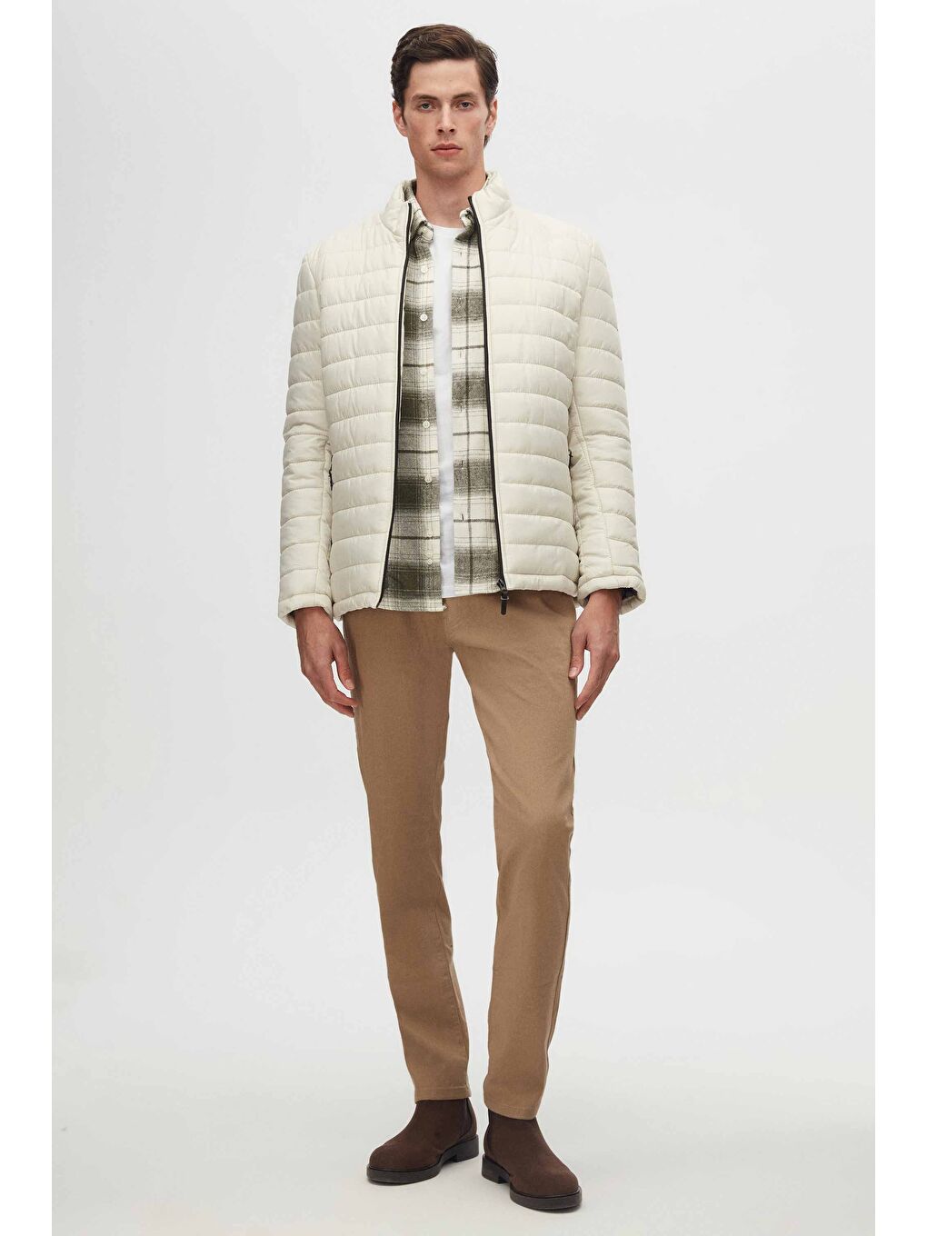 Bej Slim Fit Taş Rüzgar Geçirmez Elyaf Dolgulu Şişme Mont-7