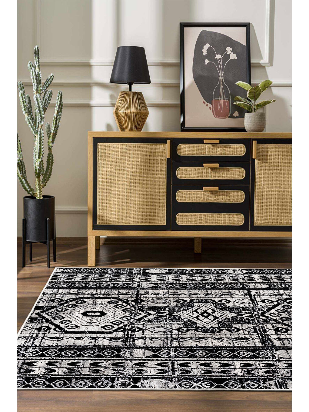 Siyah Dekoratif Özel Tasarım Yıkanabilir İnce Kaymaz Tabanlı Modern Halı KECE FR29-1