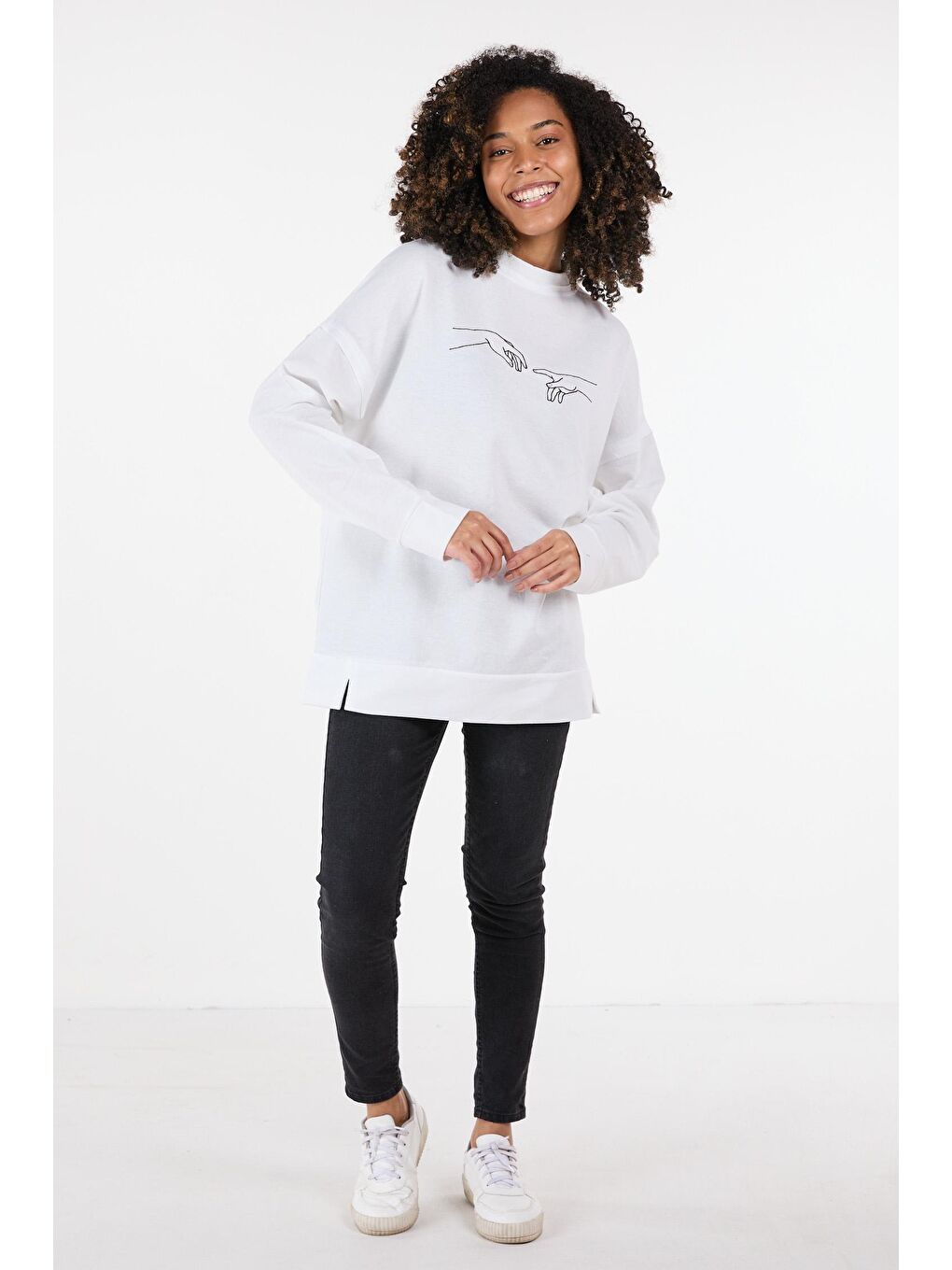 Bisiklet Yaka Kadın Beyaz Sweat - 23420-2