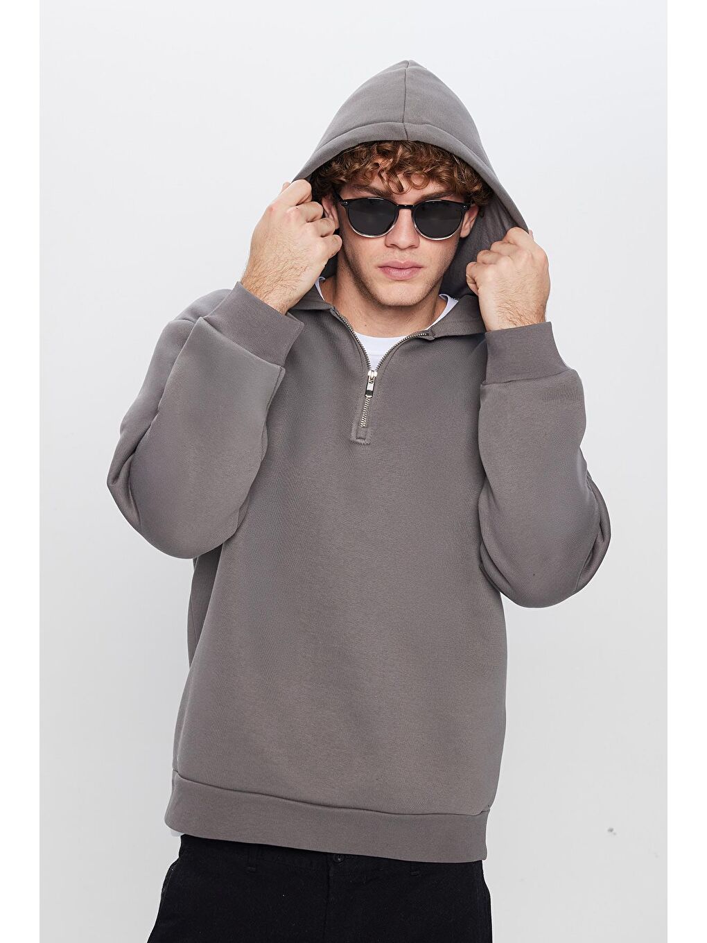 Unisex Relax Fit Rahat Kesim Pamuklu İçi Polarlı Yarım Fermuarlı Gri Kapüşonlu Erkek Hoodie-1