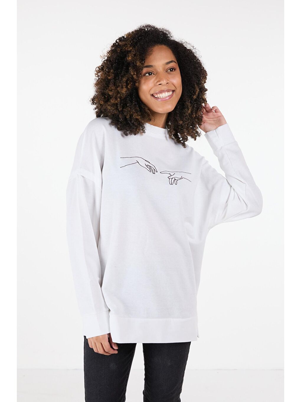 Bisiklet Yaka Kadın Beyaz Sweat - 23420-4