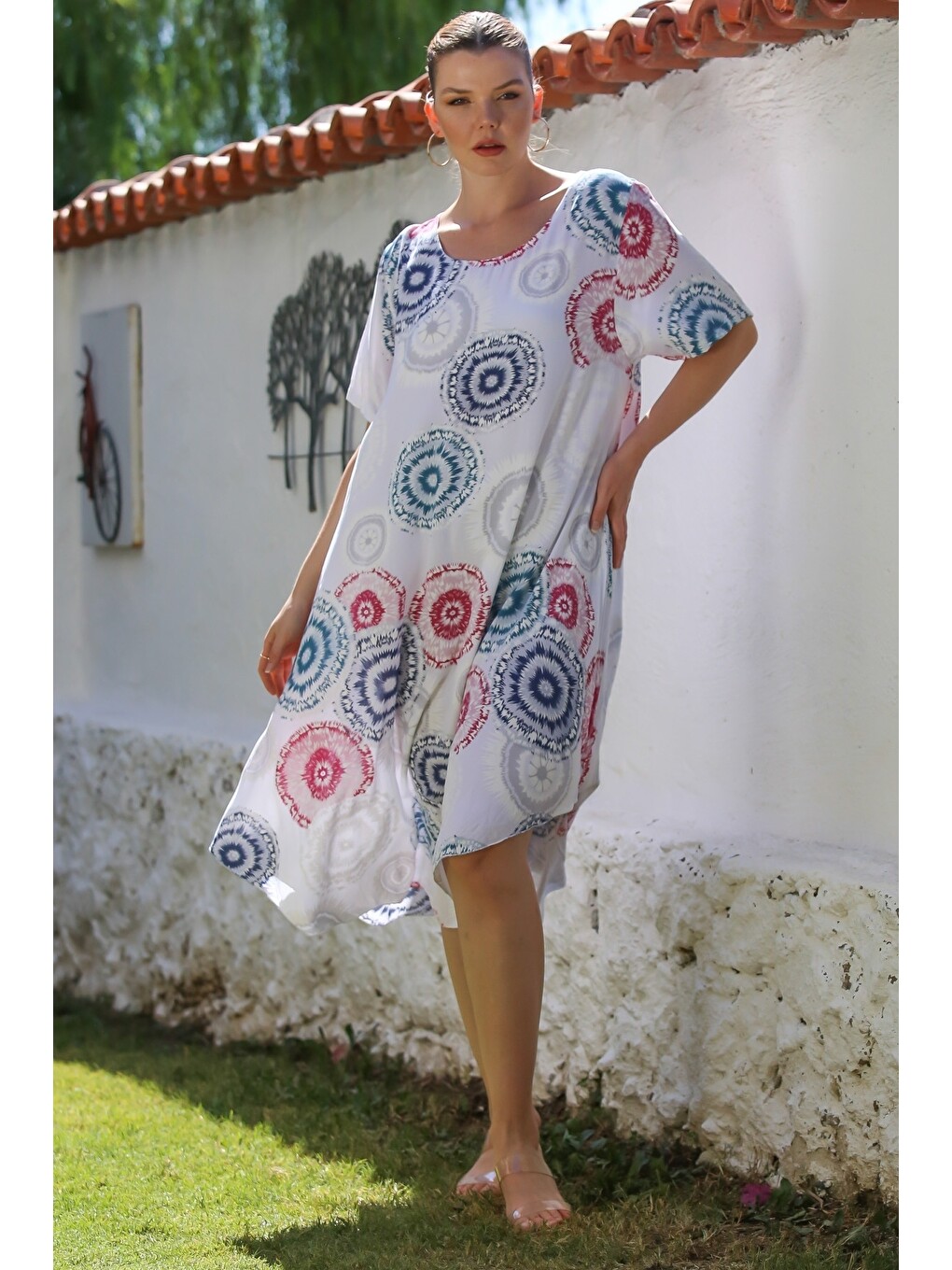 İtalyan Beyaz Havuz Yaka Kısa Kol Allover Baskılı Casual Oversize Dokuma Elbise 120 60-3