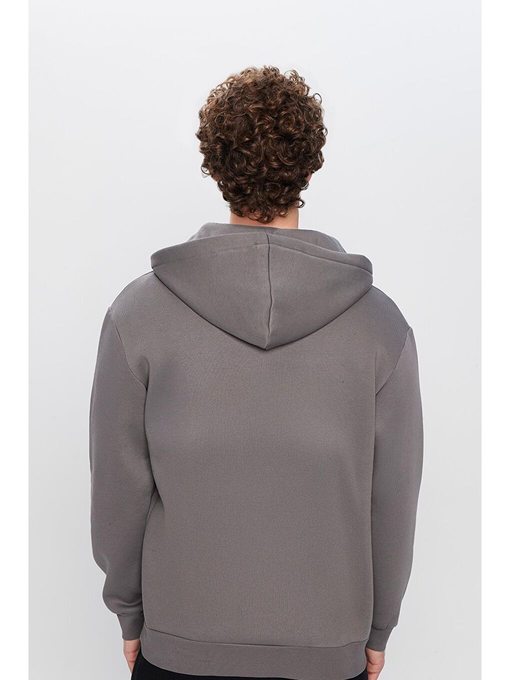Unisex Relax Fit Rahat Kesim Pamuklu İçi Polarlı Yarım Fermuarlı Gri Kapüşonlu Erkek Hoodie-4