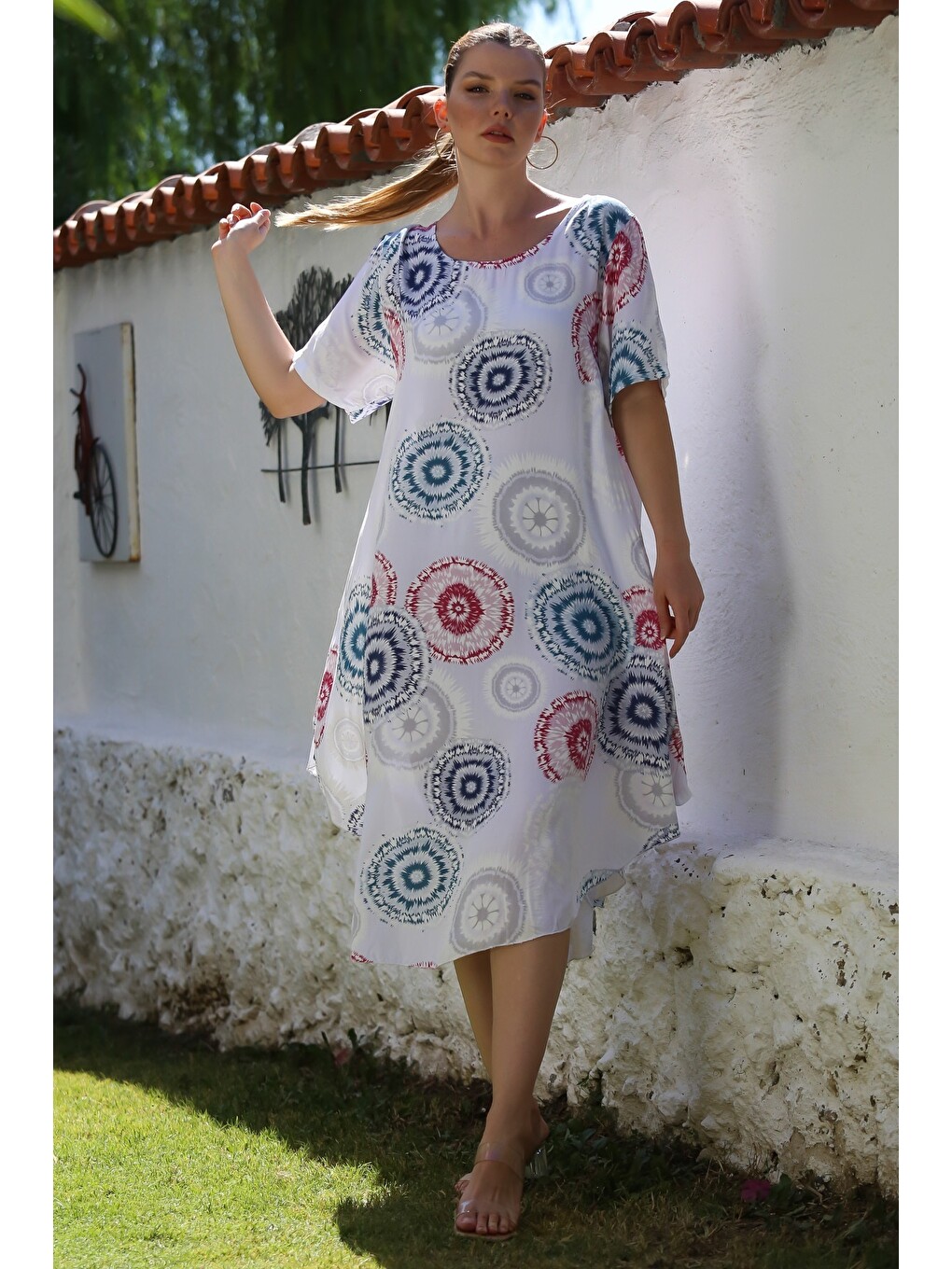 İtalyan Beyaz Havuz Yaka Kısa Kol Allover Baskılı Casual Oversize Dokuma Elbise 120 60-6