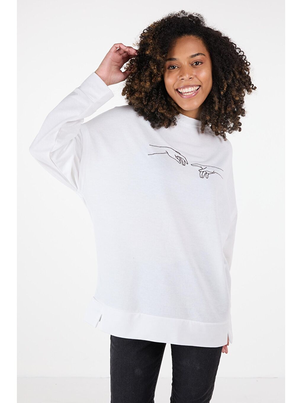 Bisiklet Yaka Kadın Beyaz Sweat - 23420-5