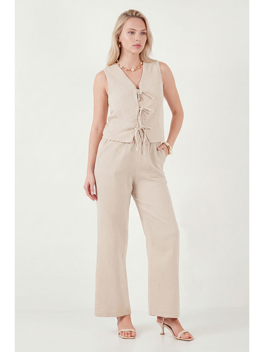 Bej Pamuklu Regular Fit Bağlama Detaylı Alt-Üst Müslin Takım 5866660-2