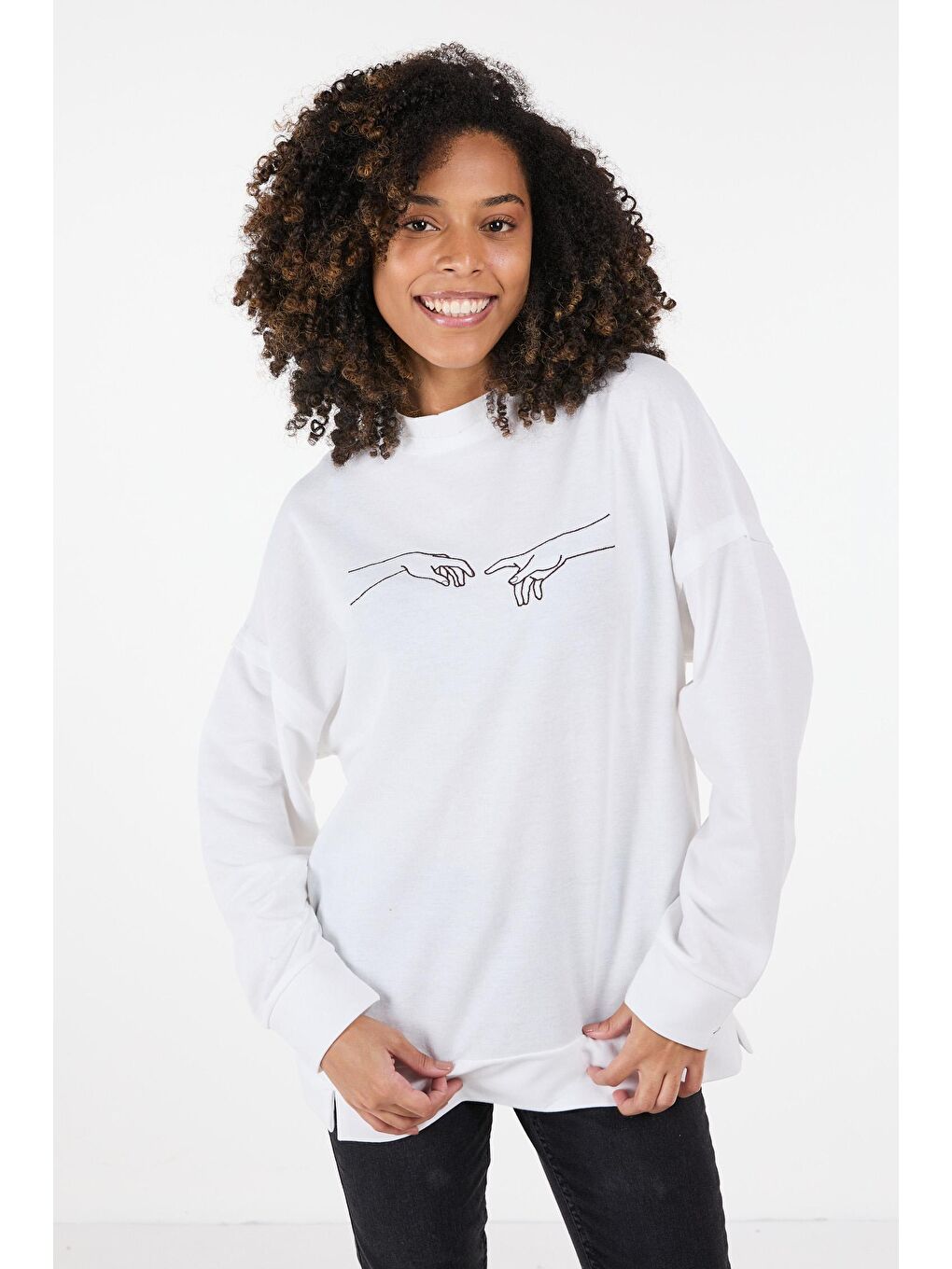 Bisiklet Yaka Kadın Beyaz Sweat - 23420-6