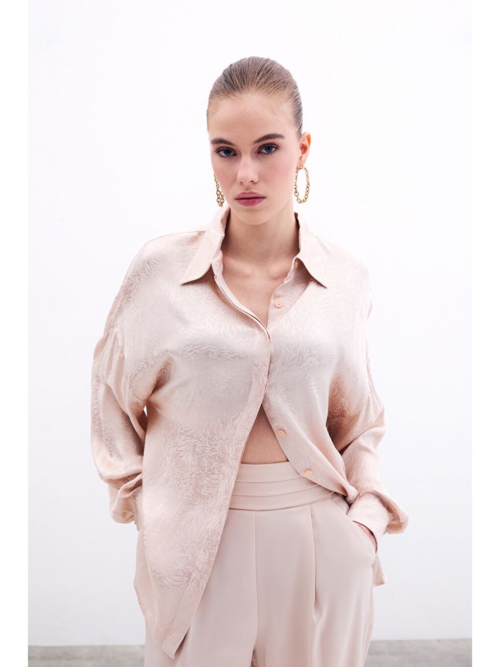 Desenli Salaş Gömlek - Bej-1